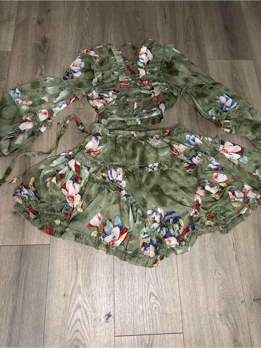 Olive Green Floral Ruffle Two-Piece Set - Picture 2 of 9